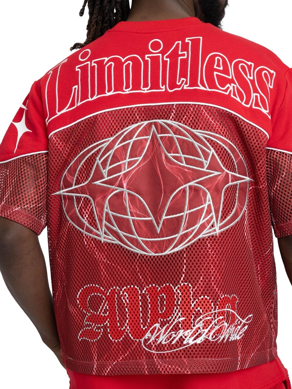 Red Mesh Short-Sleeve Graphic Tee with 'Limitless' Back